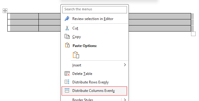 Distribute Columns Evenly option on right click menu in Word